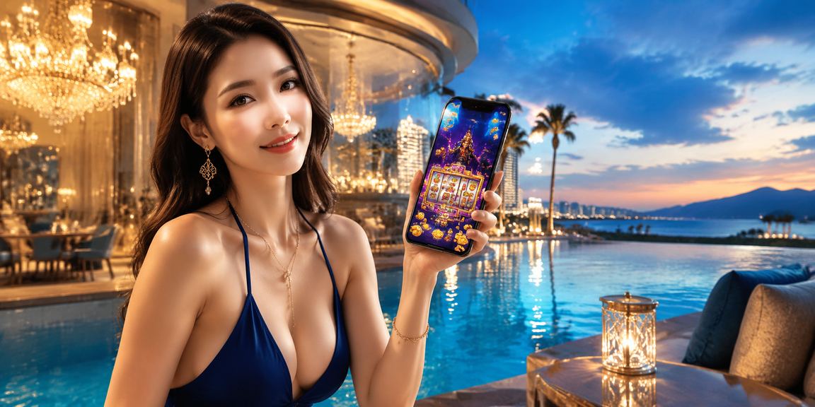 Người chơi slot game tại bãi biển Đà Nẵng sử dụng điện thoại ban đêm ánh đèn neon