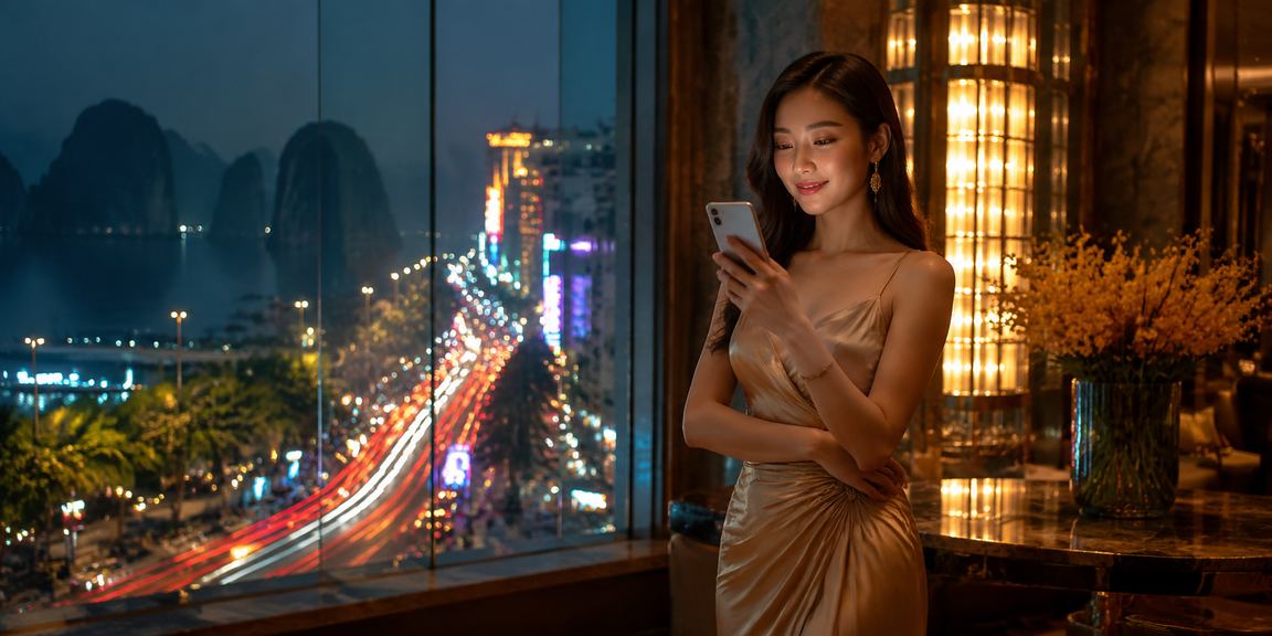 Màn hình neon casino di động phản chiếu trên mặt nước Vịnh Hạ Long về đêm